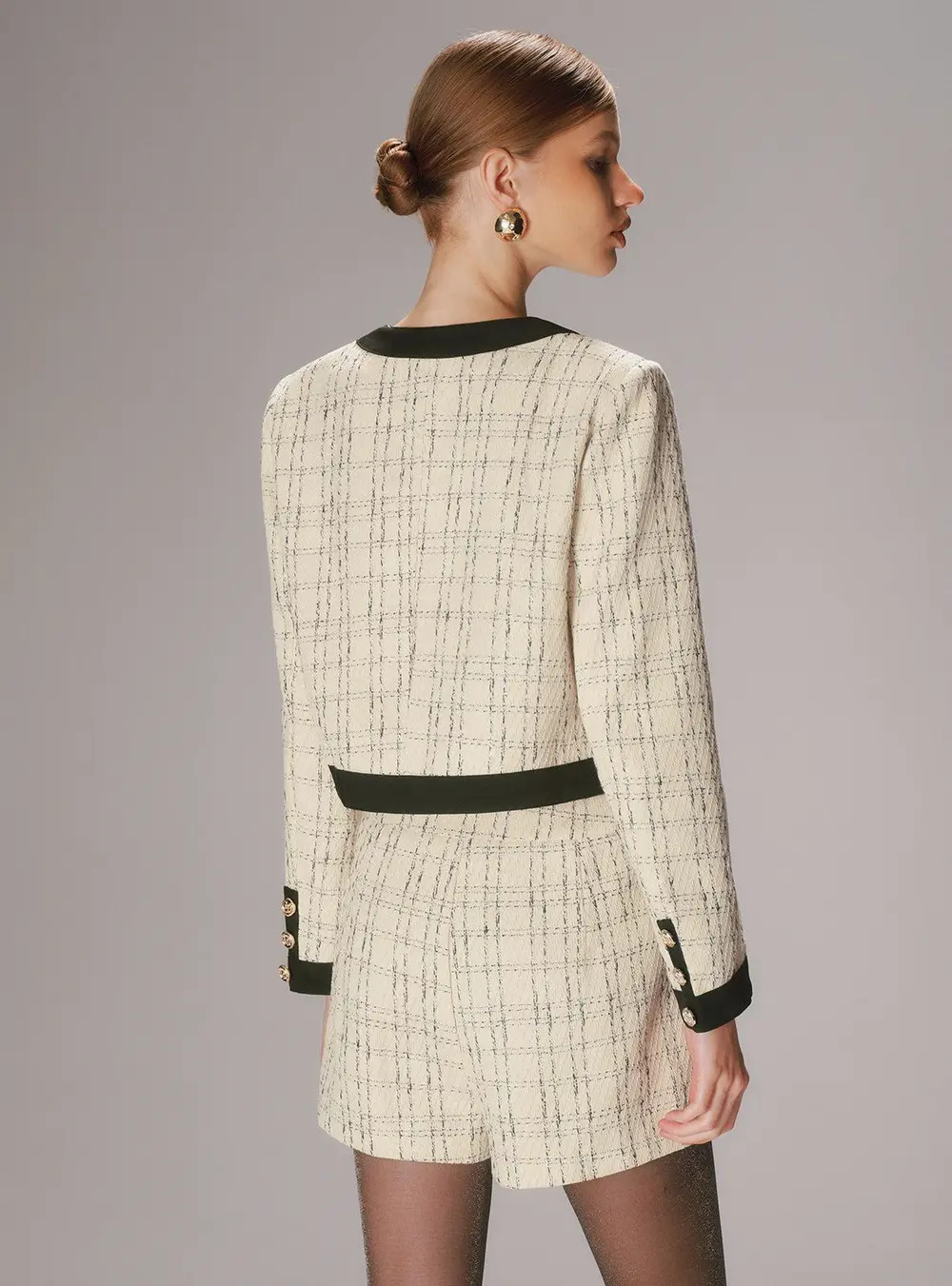 Contrast Trim Tweed Jacket and Shorts Set