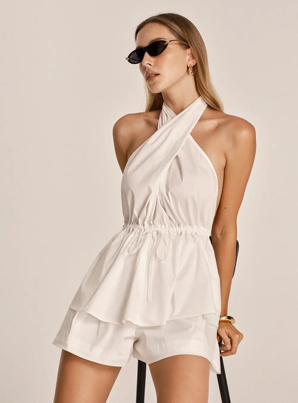 Cotton Blend Halter Peplum Top & Shorts Set