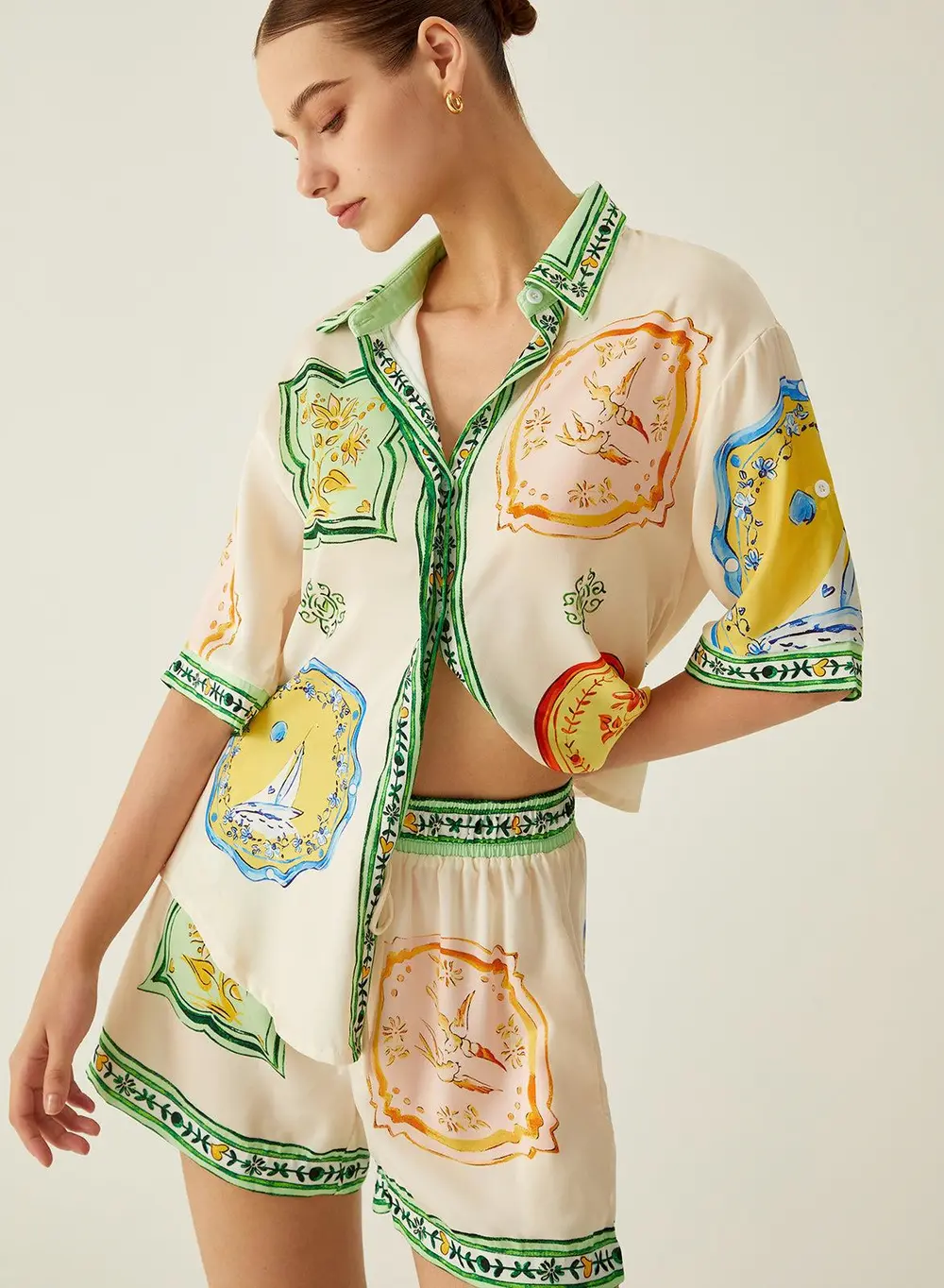 Loosen Printed Satin Shorts Set