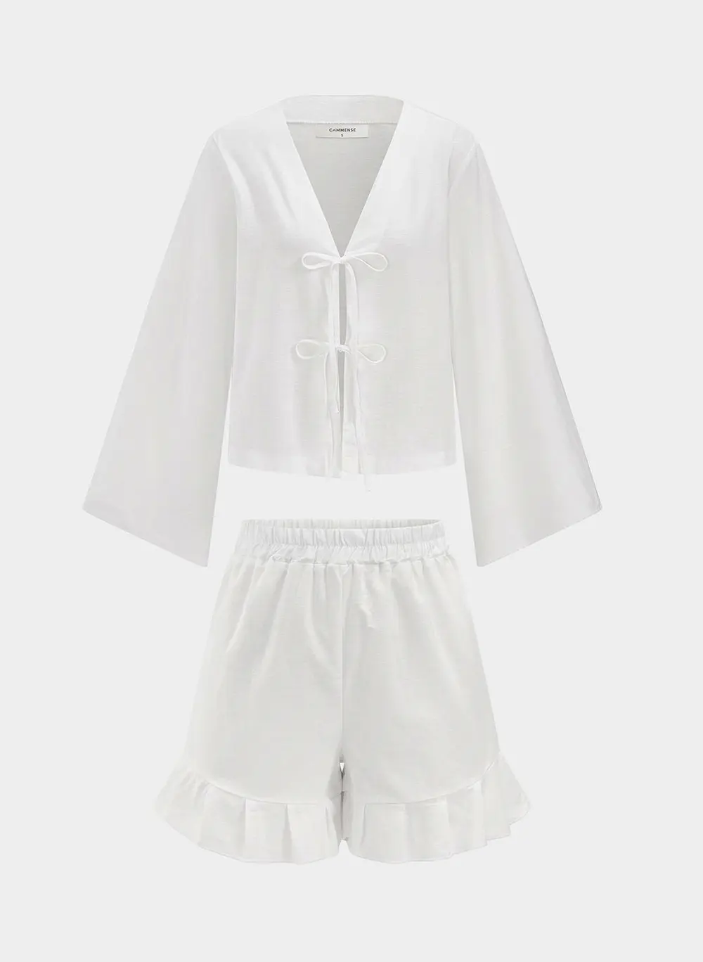 Cotton Tie-Front Blouse & Ruffled Shorts Set