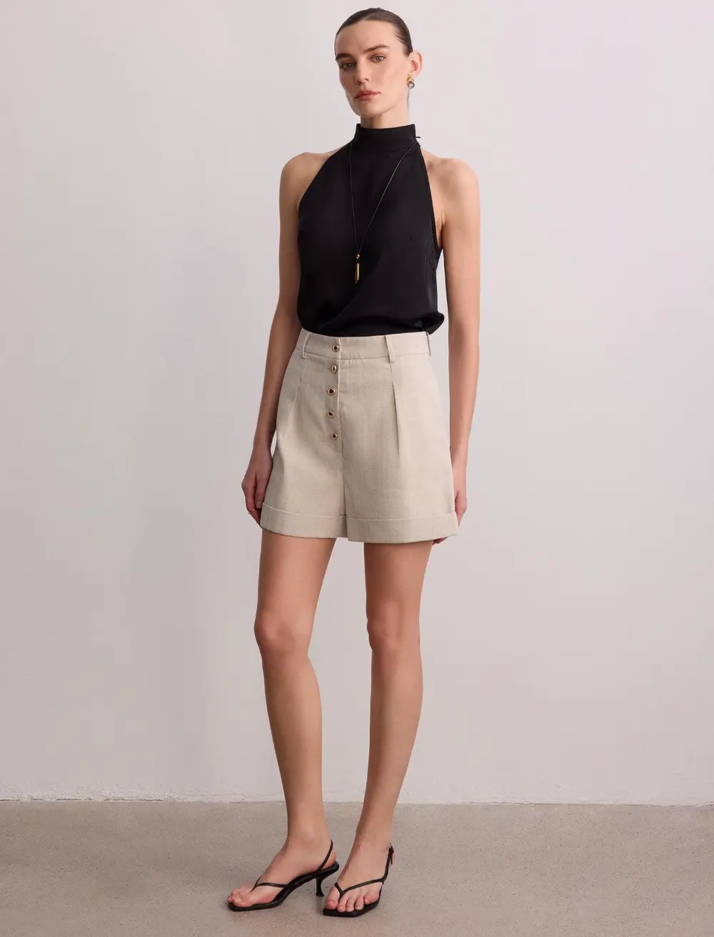 Metal Button Cotton Linen Cuffed Shorts