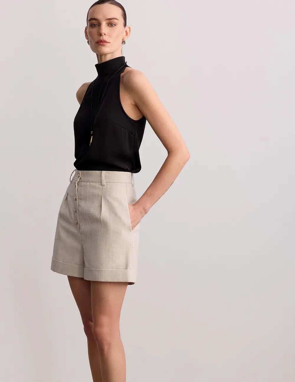 Metal Button Cotton Linen Cuffed Shorts