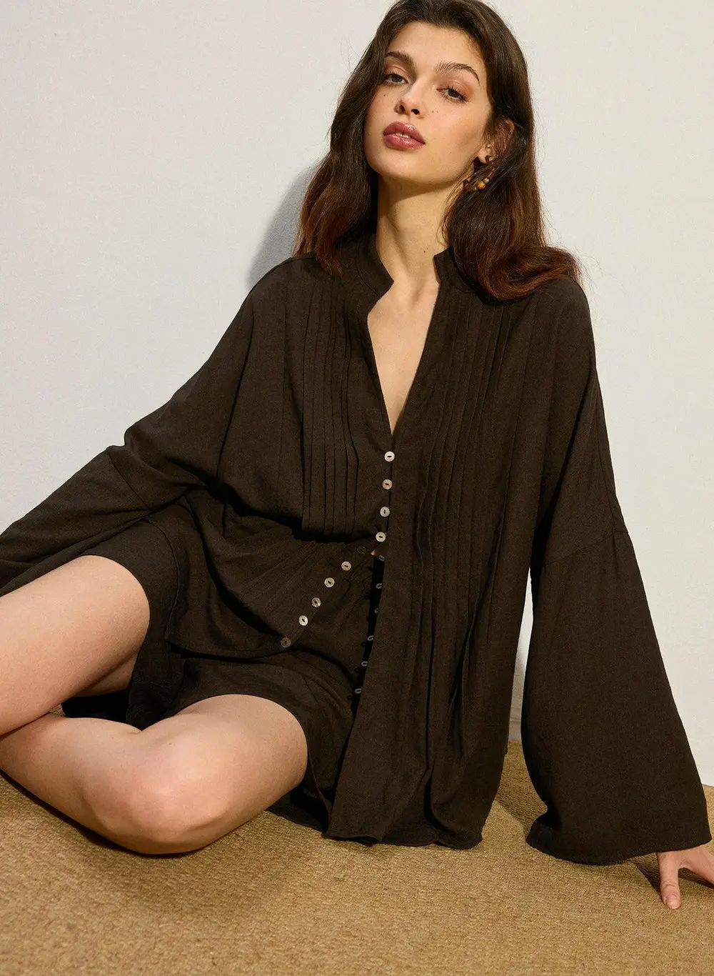 Pleated Button-Front Shorts Set