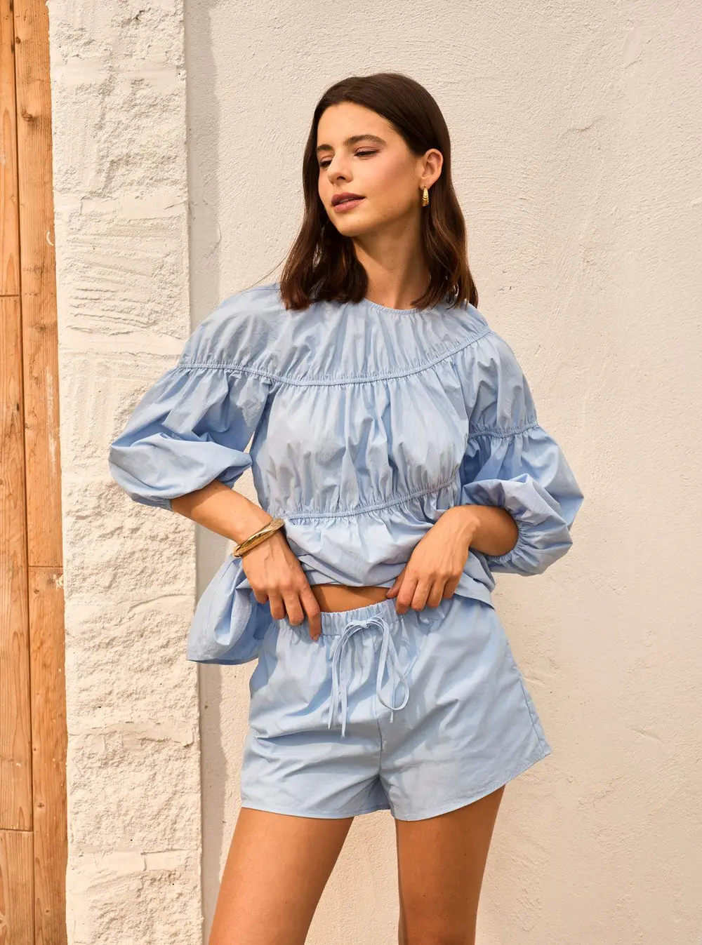 Cotton-Blend Puff Sleeve Top With Shorts Set