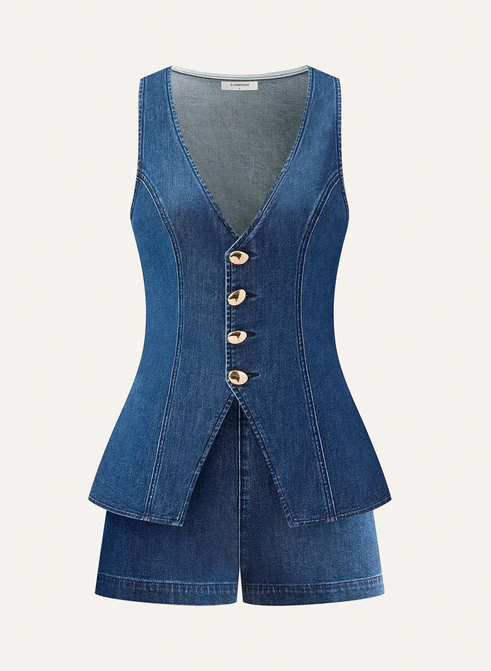 Metal Button Tie-Back Denim V-Neck Shorts Set