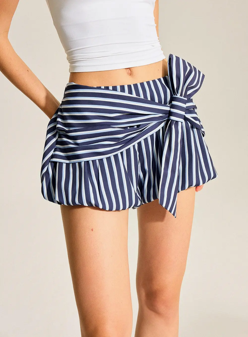 Striped Bubble Shorts With Oversized Bow
