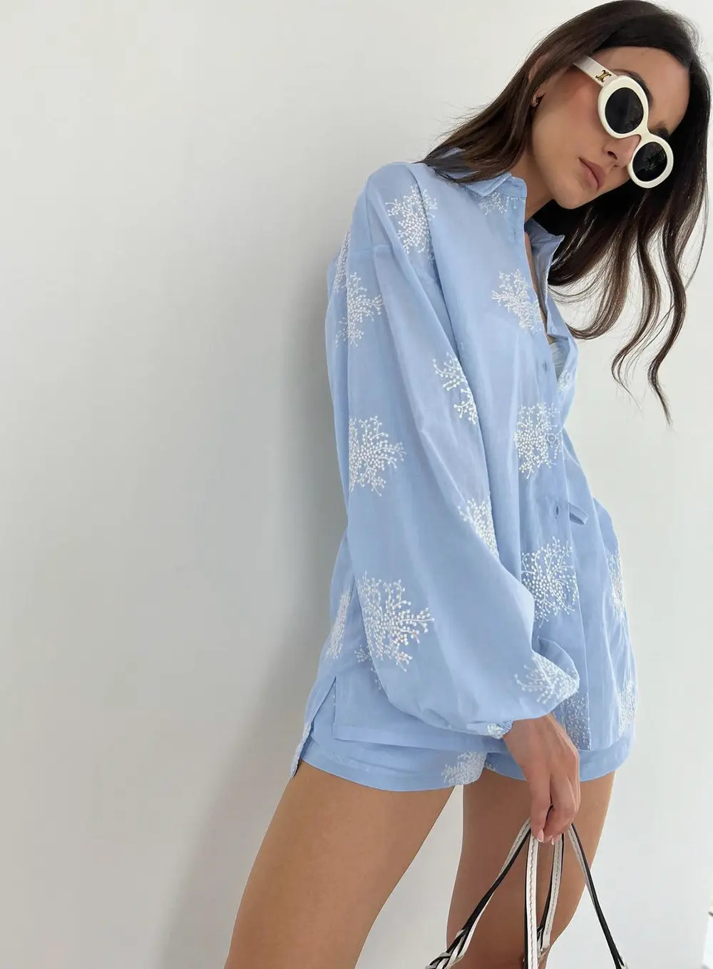 Semi-Sheer Plant Embroidery Casual Shorts Set