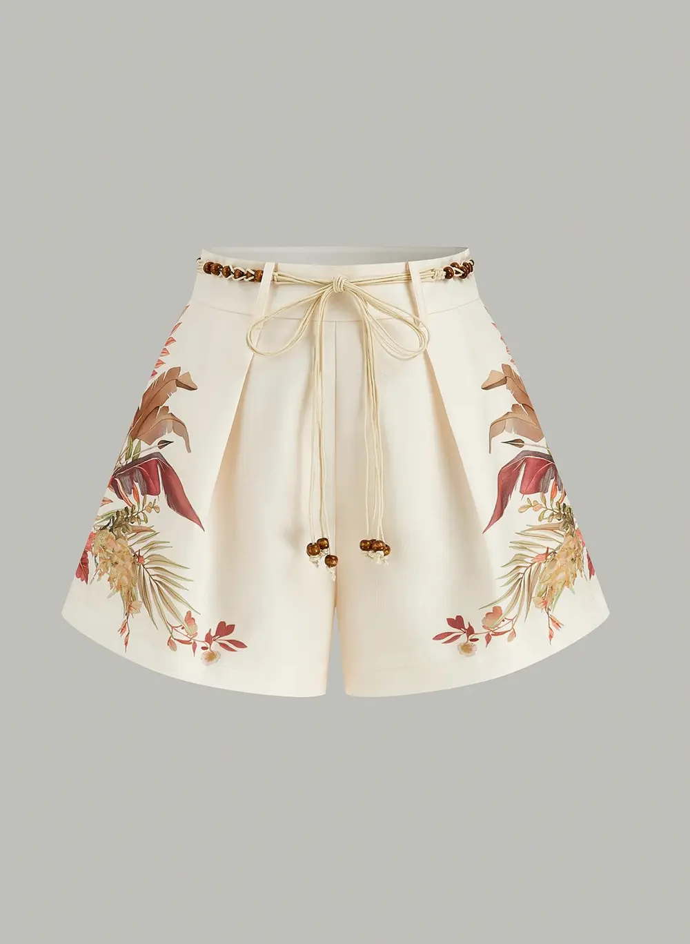 Belted Tropical Print Mid-Waist Shorts