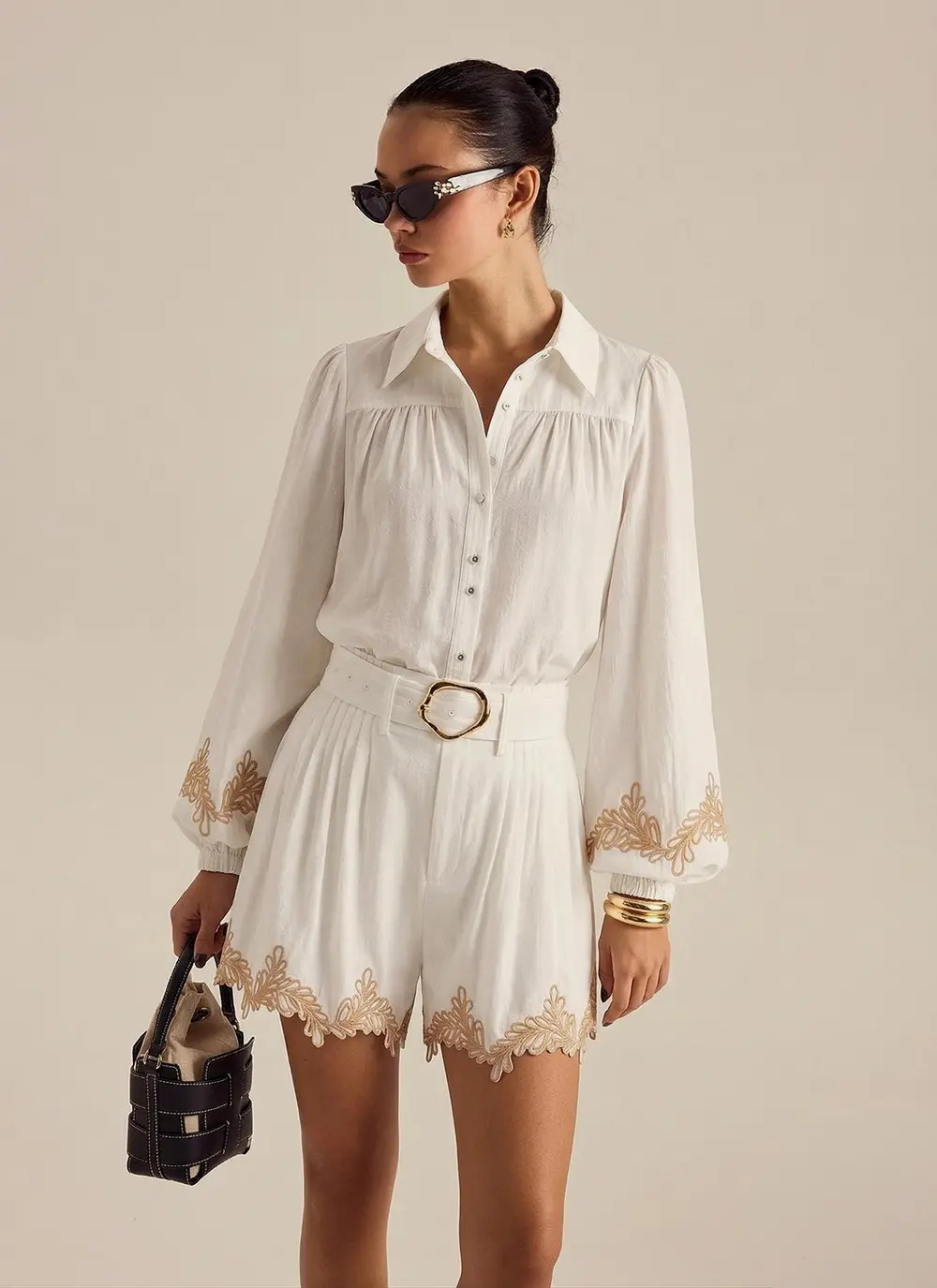 Cotton Embroidered Shirt & Belted Shorts Set