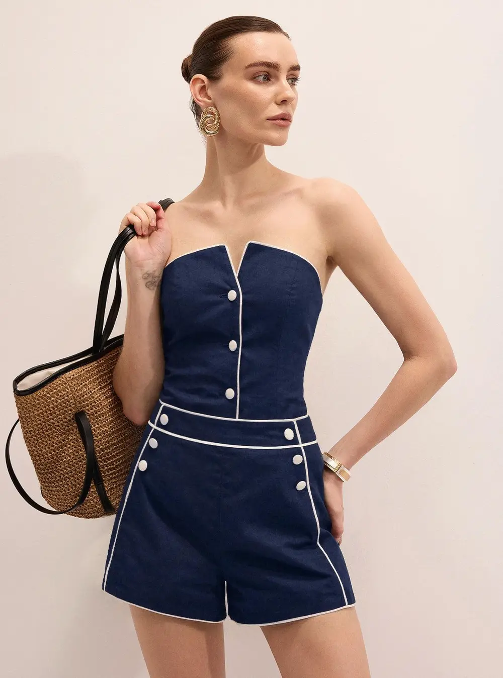 Casual Cotton Linen Strapless Top & Shorts Set