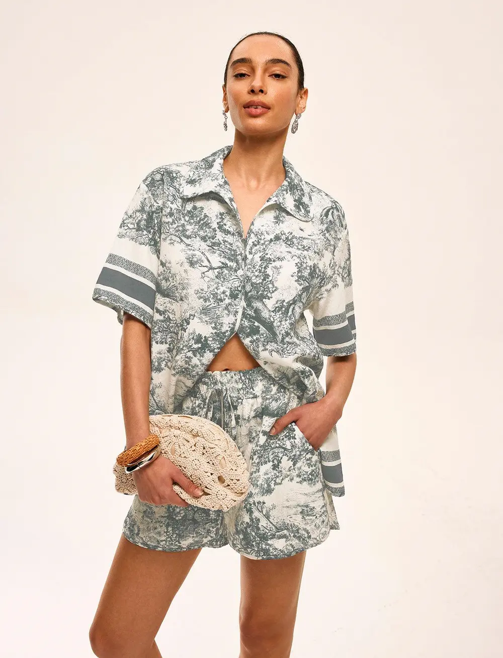 Printed Contrast Trim Shorts Set