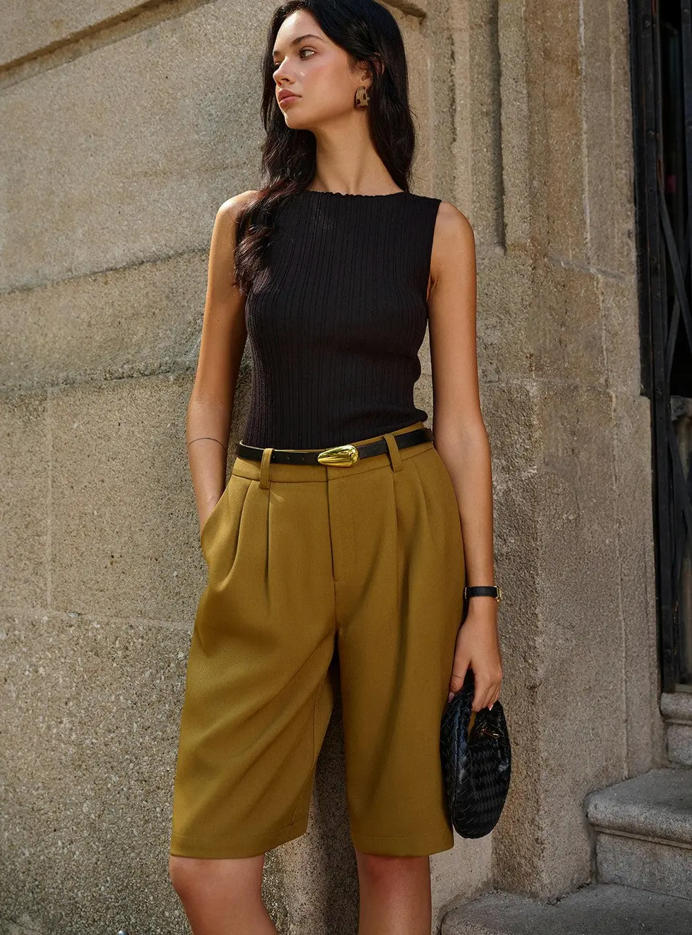 Belted Mid-Waisted Pleated Shorts