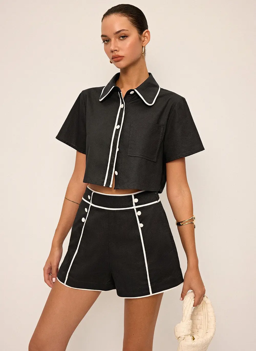 Contrast Piping Crop Shirt and Shorts Set