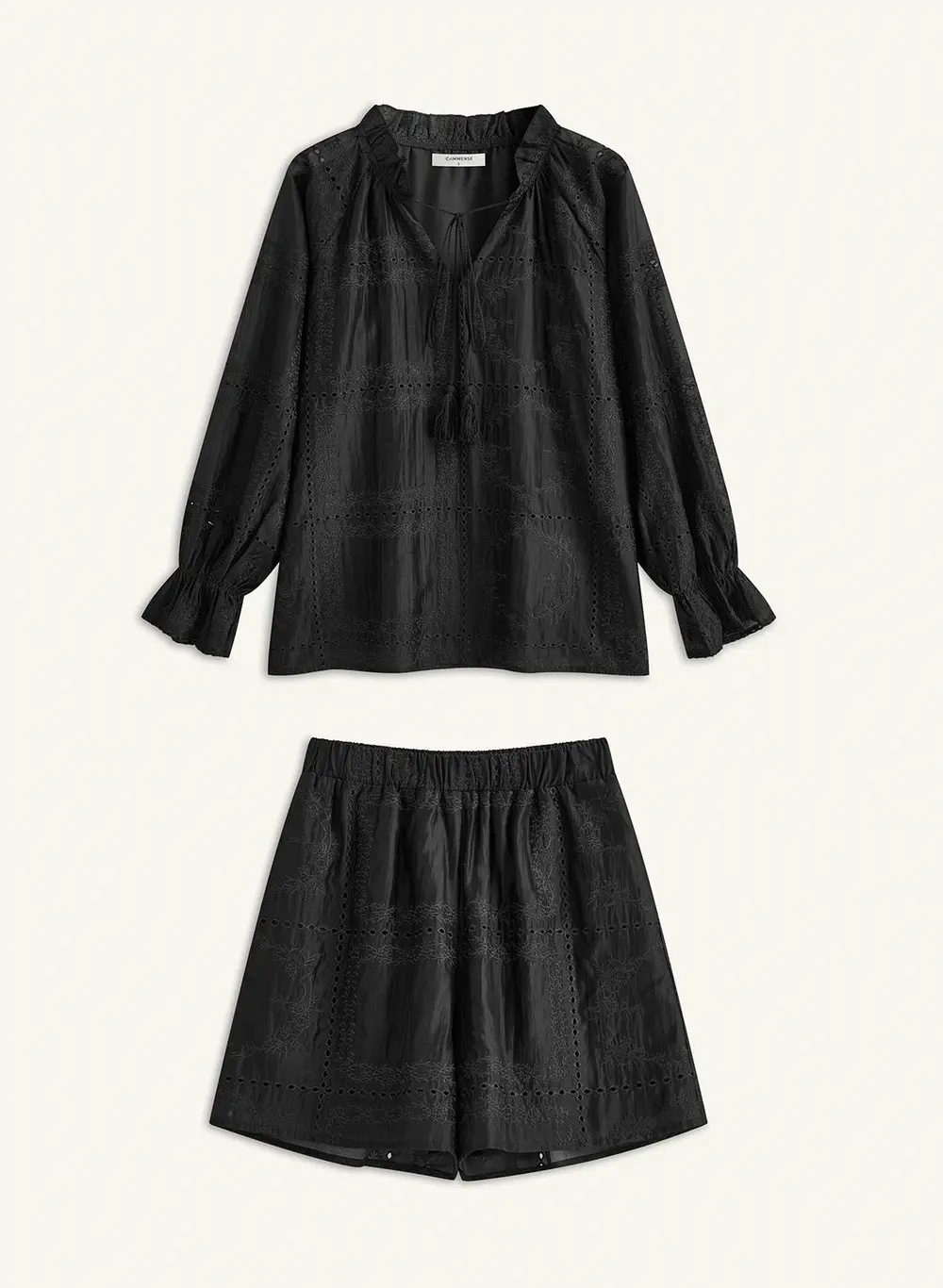 Embroidery Detail Long Sleeve Shorts Set