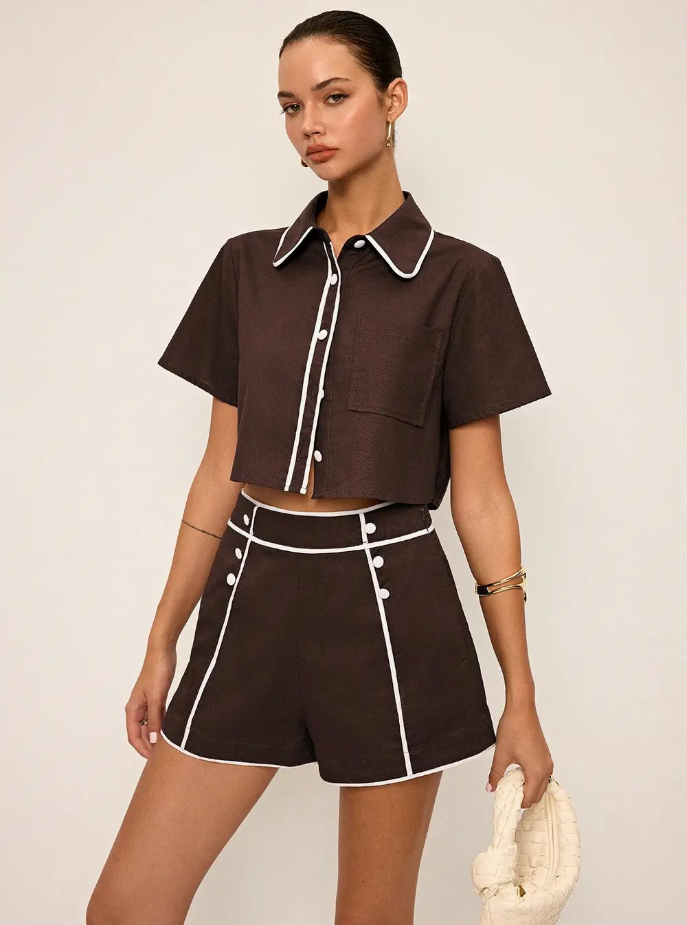 Contrast Piping Crop Shirt and Shorts Set