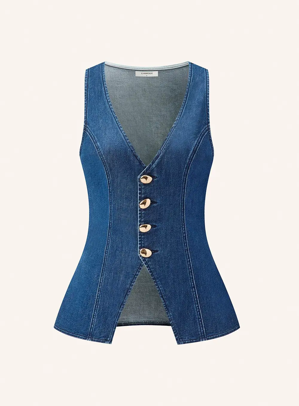 Metal Button Tie-Back Denim V-Neck Shorts Set