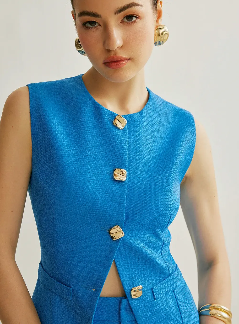 Button Vest With Shorts Set