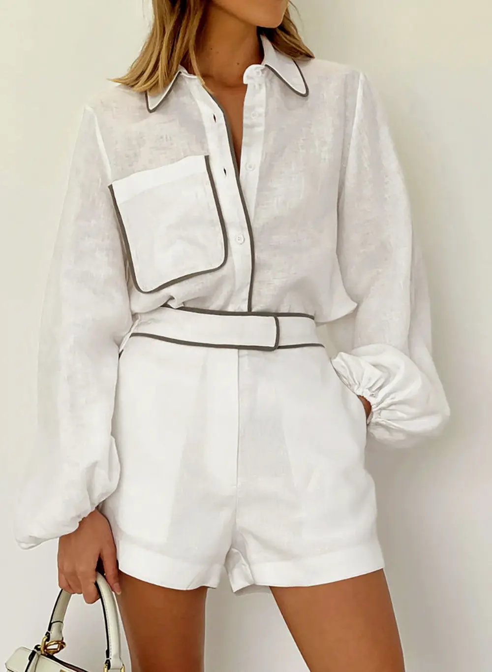 Cotton & Linen Contrast Trim Two Piece Shorts Set