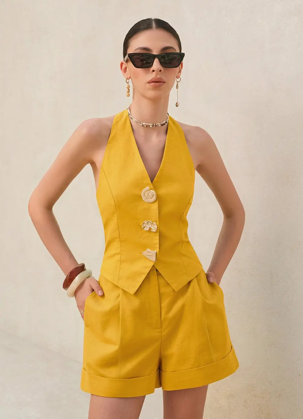 Linen Blend Halter Top & Shorts Set