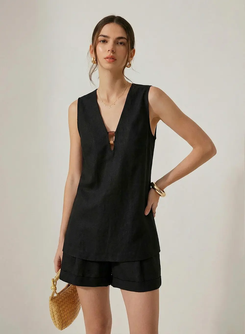 Beaded Linen Blend Top & Shorts Set