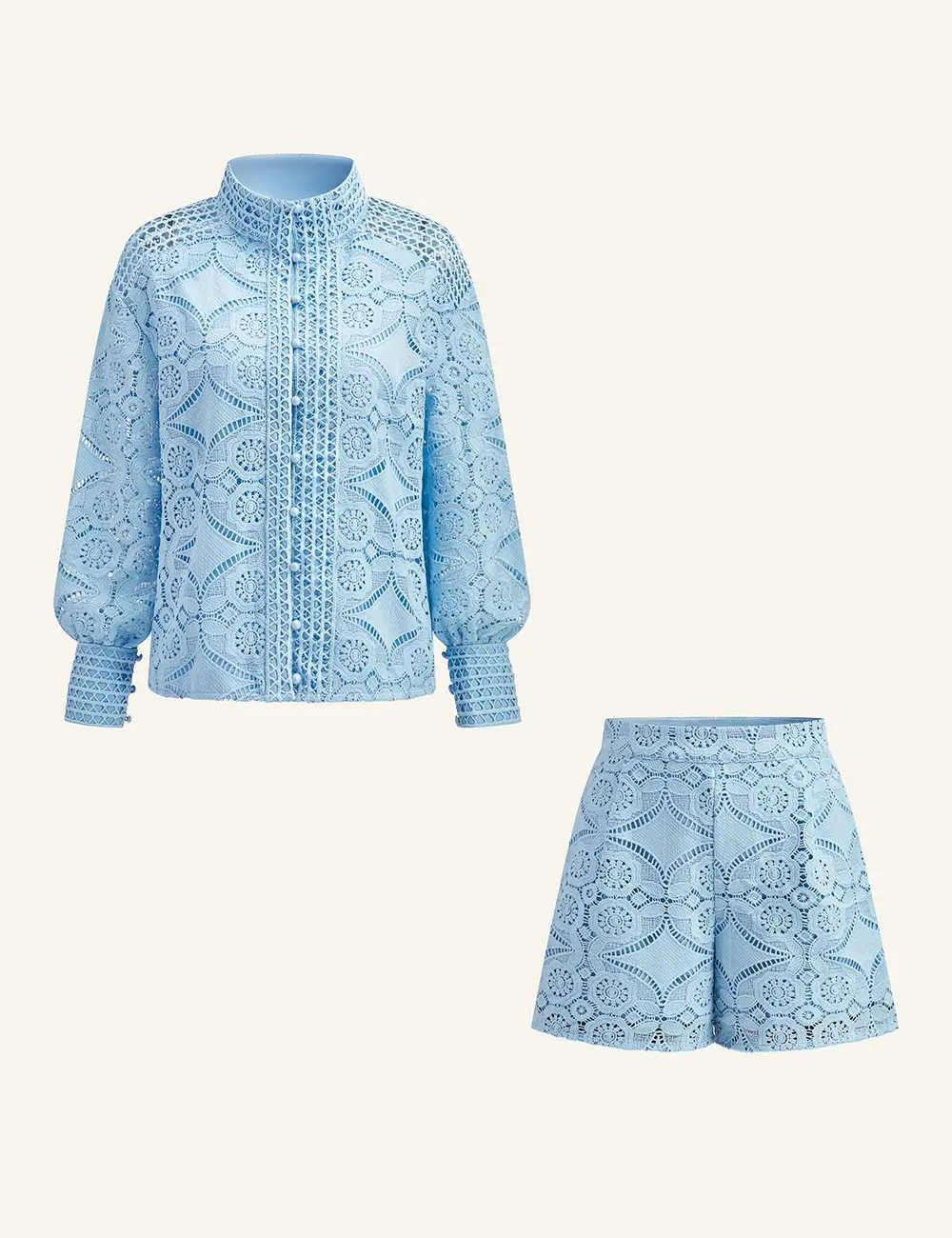 Lace Puff Sleeve Shorts Set Without Belt