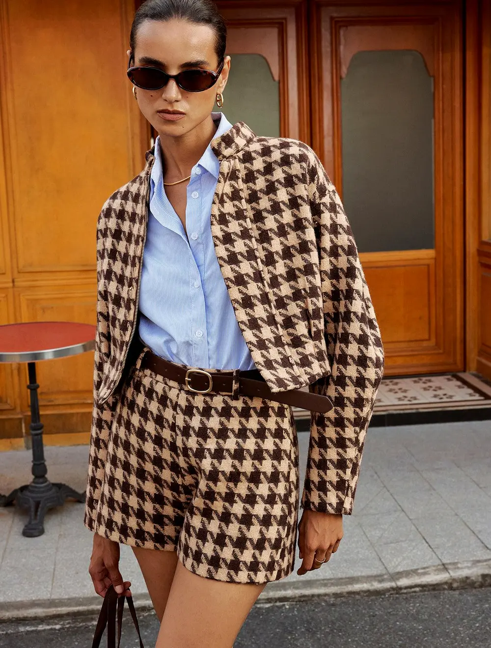 Houndstooth Belted High-Waist Shorts