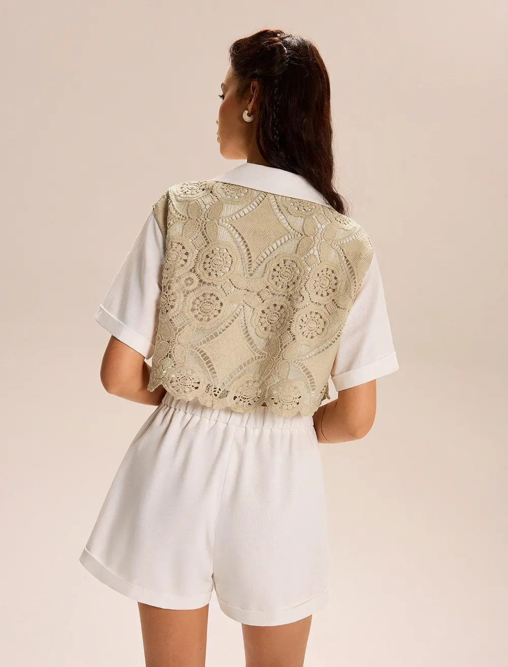 Lace-paneled Cropped Shirt Shorts Set