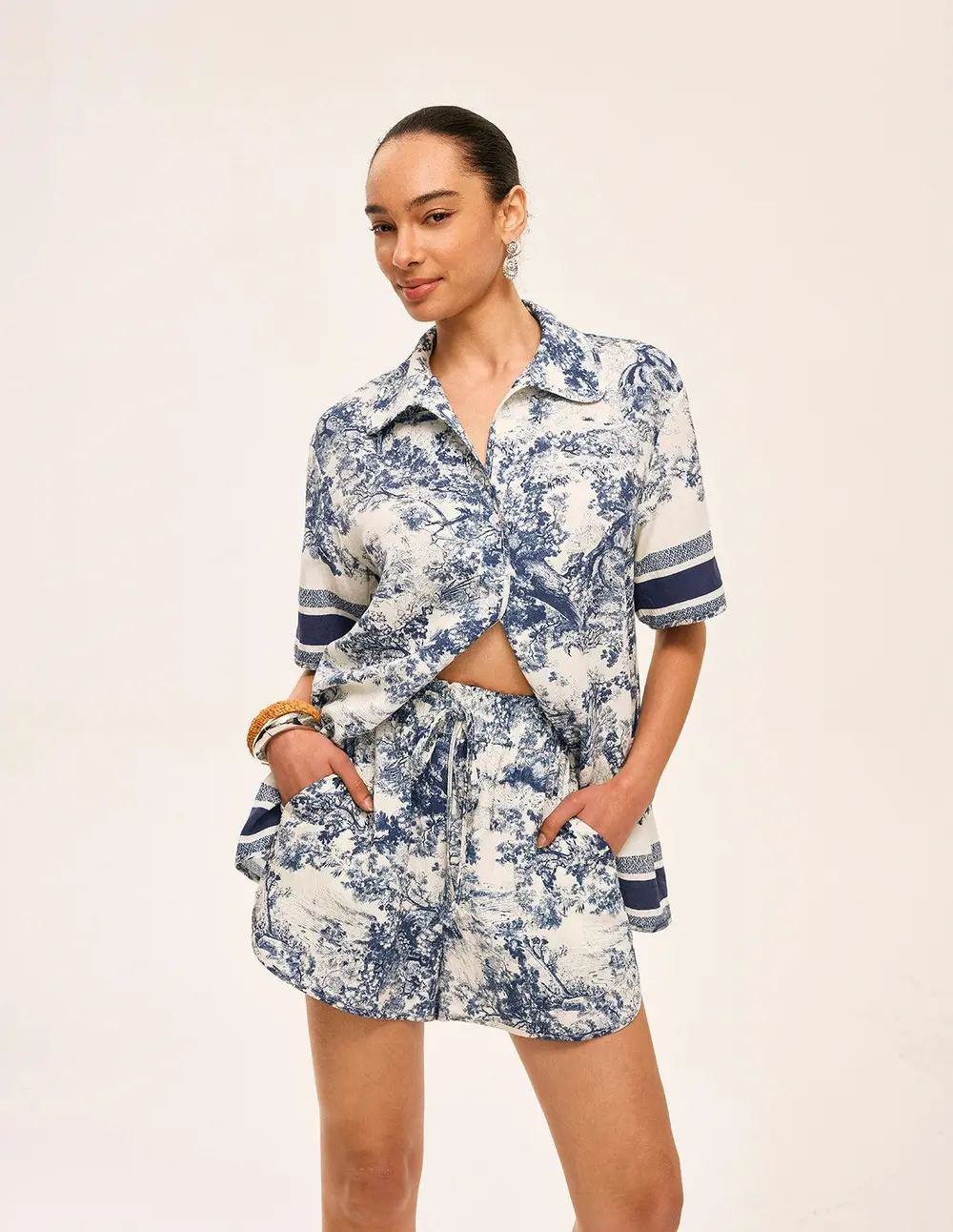 Printed Contrast Trim Shorts Set