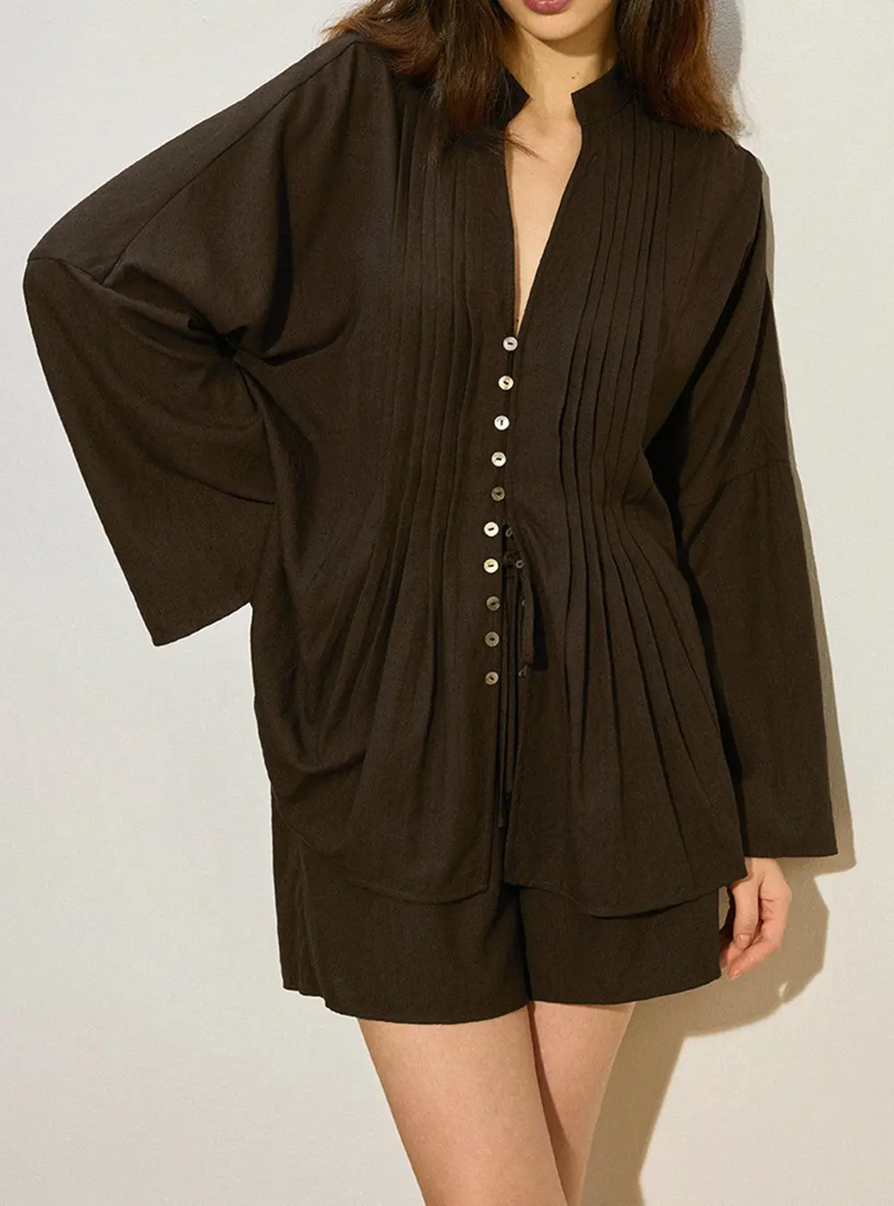 Pleated Button-Front Shorts Set