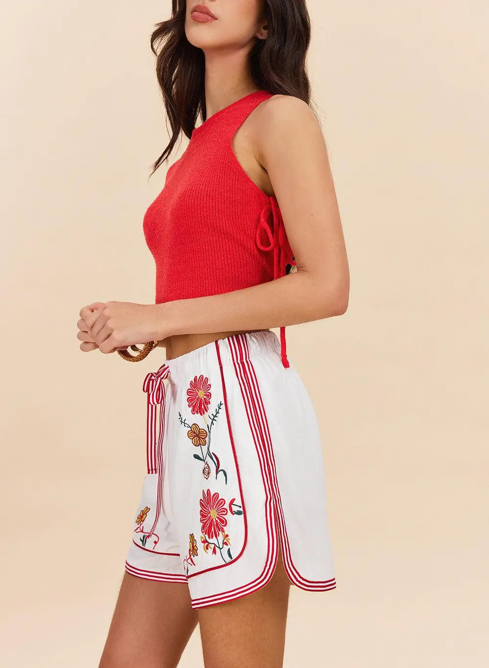 Cotton & Linen Floral Embroidered Shorts With Drawstring Waist