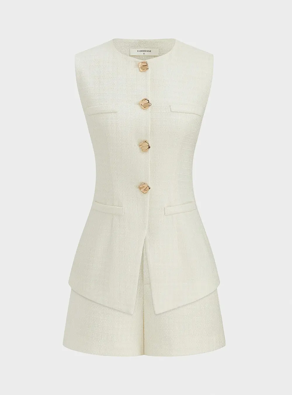 Metal Button Tweed Vest & Shorts Set