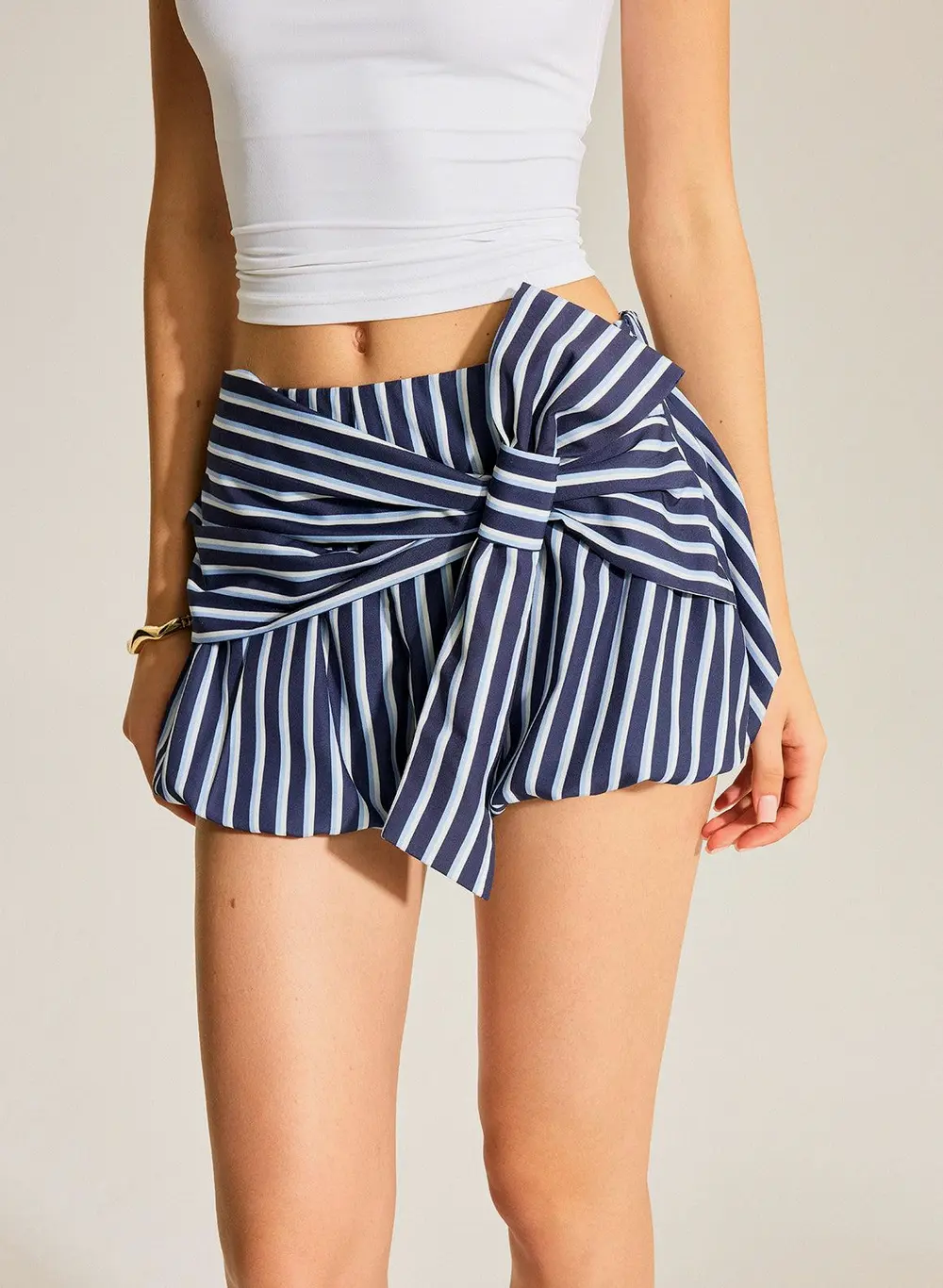 Striped Bubble Shorts With Oversized Bow