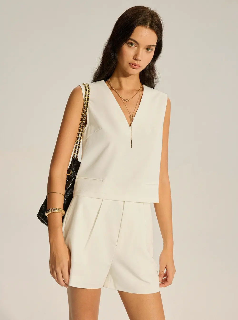 V-Neck Pocketed Top and Pleated Shorts Set