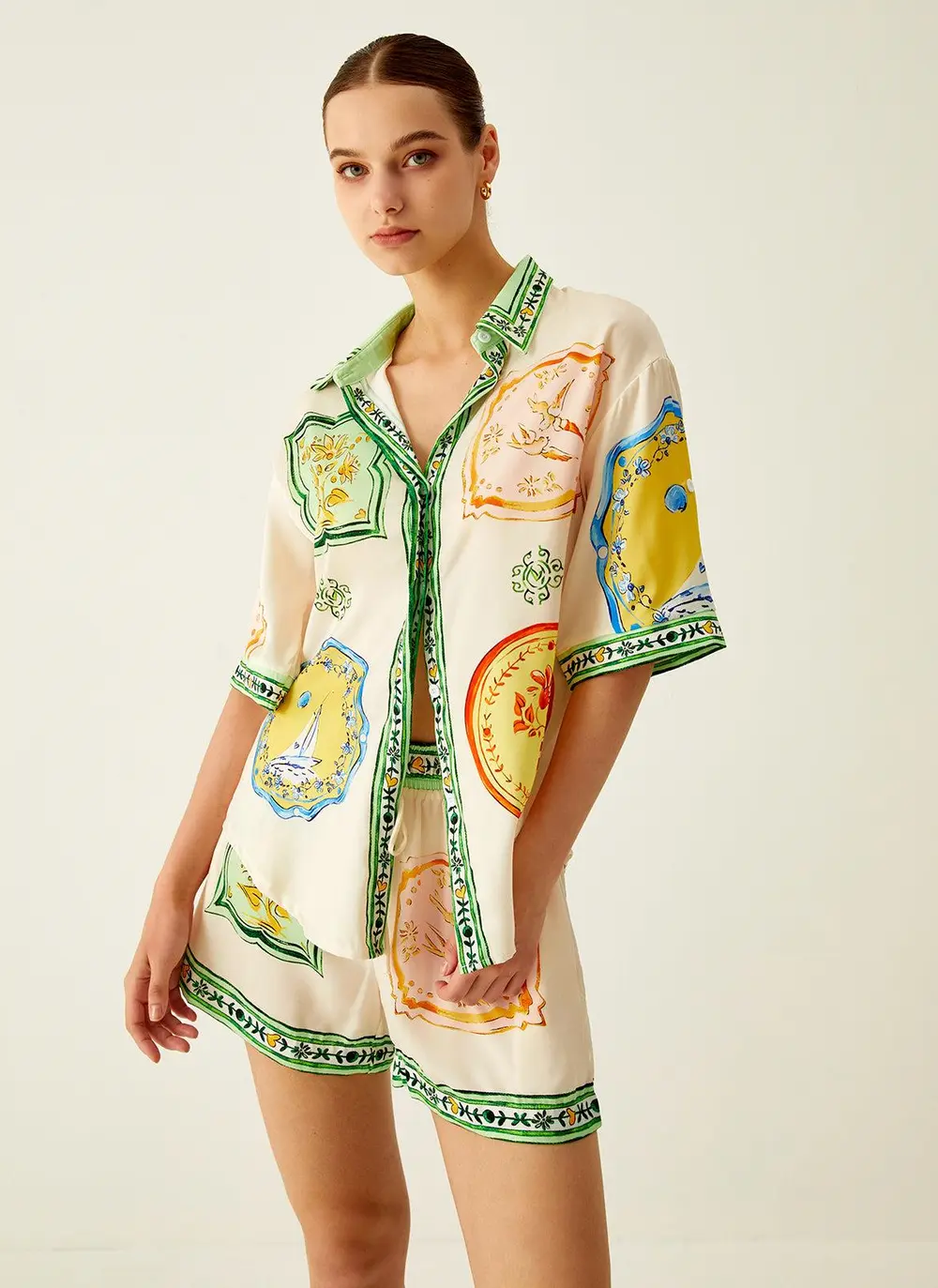 Loosen Printed Satin Shorts Set