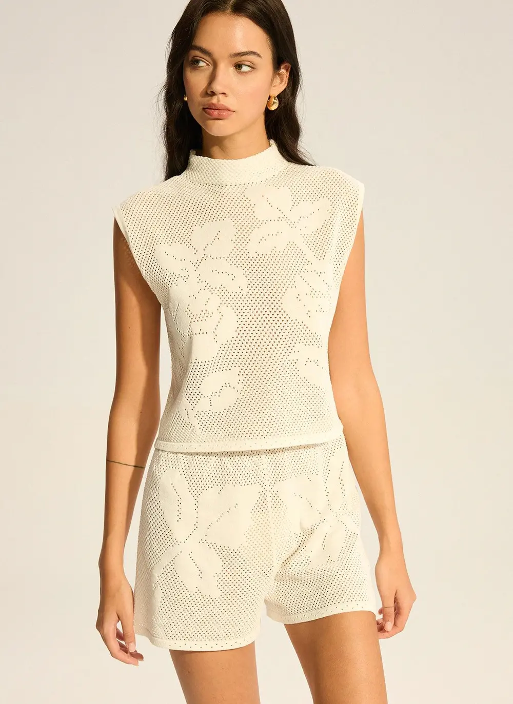 Mock Neck Sleeveless Top and Shorts Set with Floral Cut-Out Details