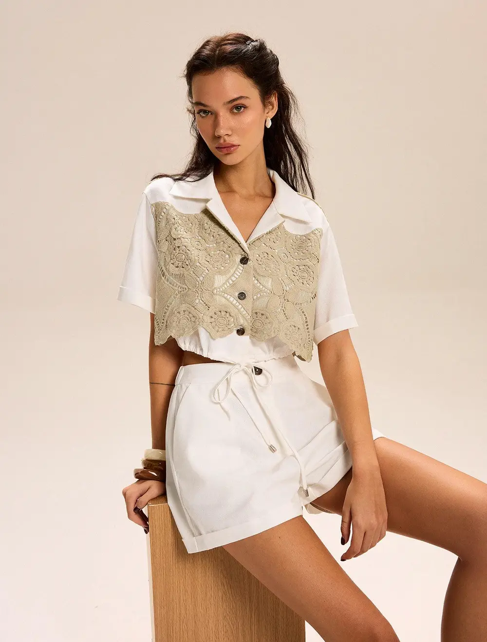 Lace-paneled Cropped Shirt Shorts Set