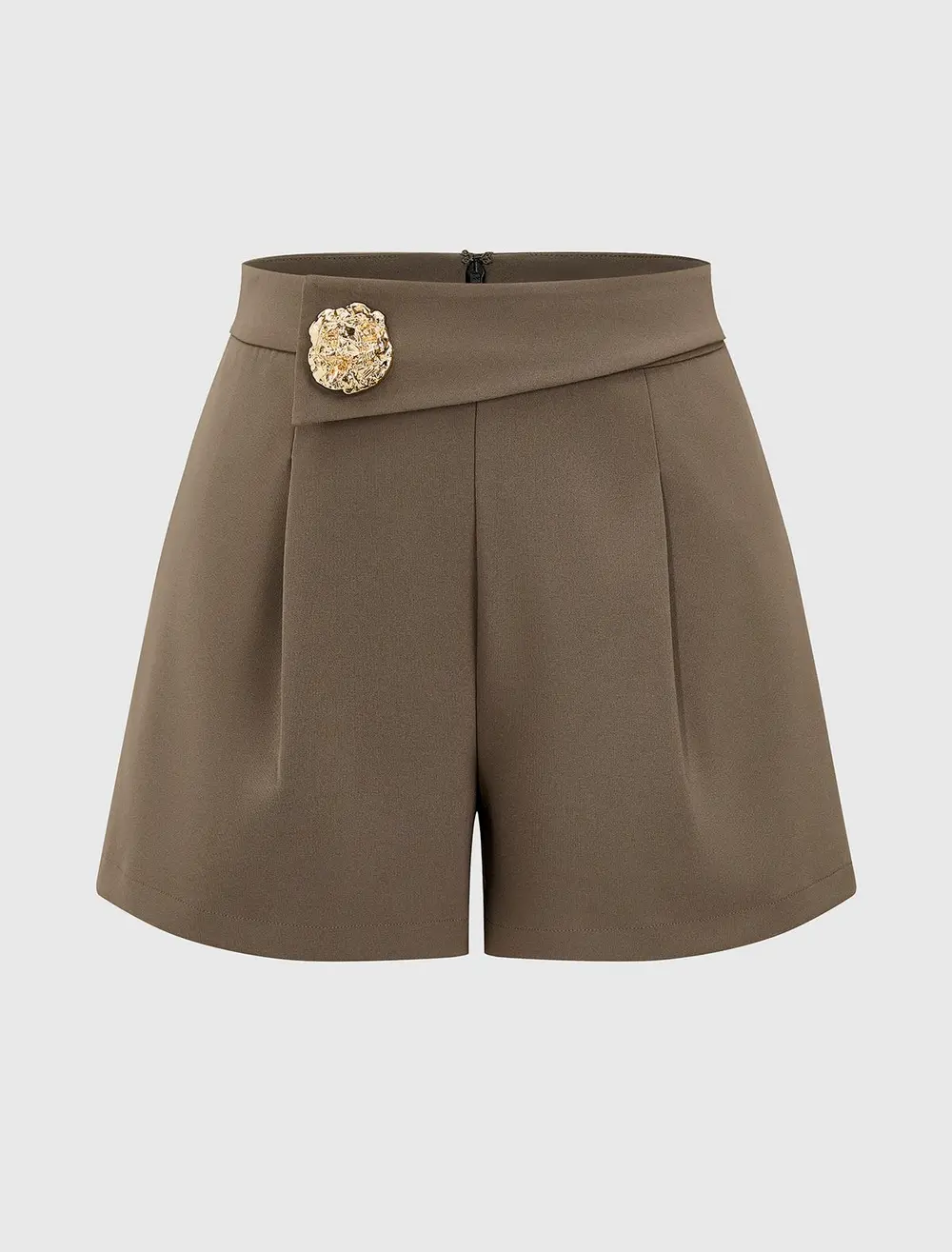 Metal Button Mid-Waist Pleated Shorts