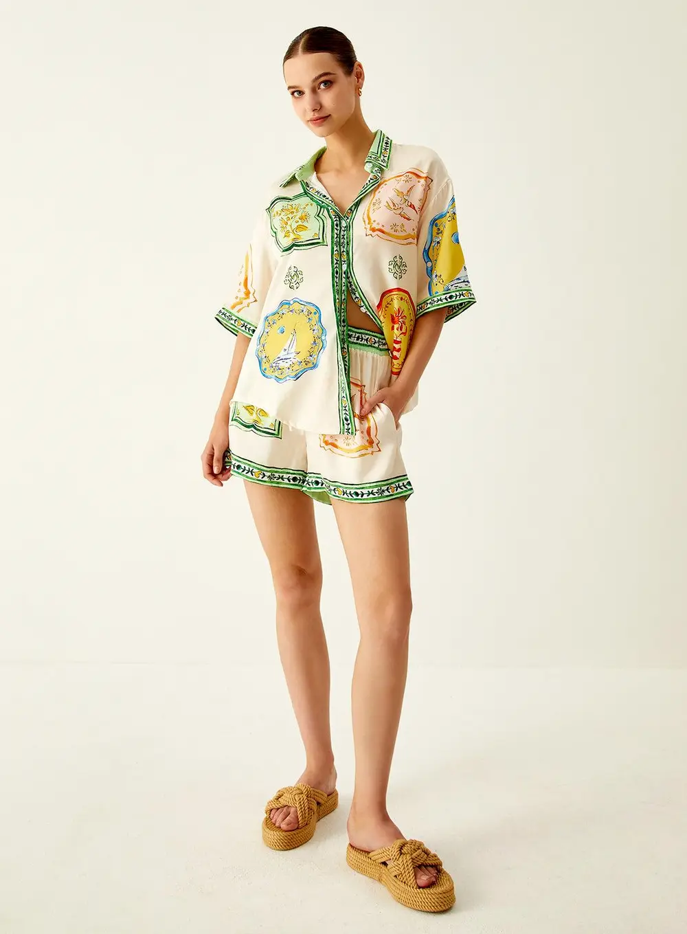Loosen Printed Satin Shorts Set