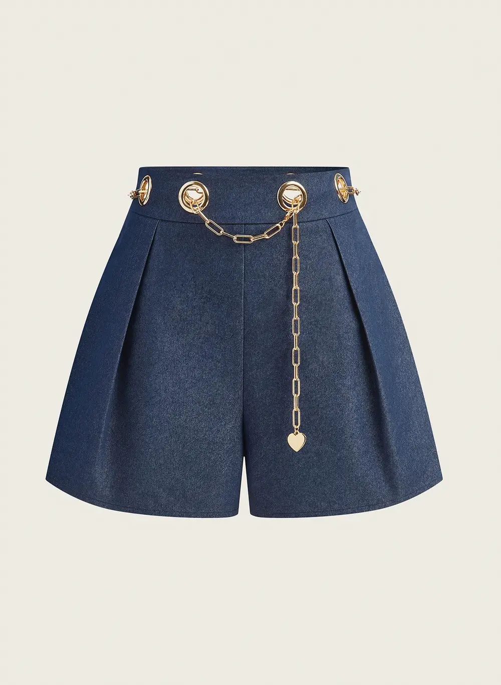 Faux Denim Shorts with Metal Chain Belt