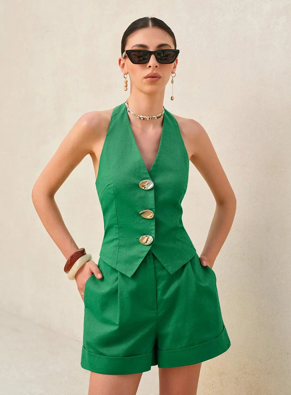Halter Button Top Shorts Set