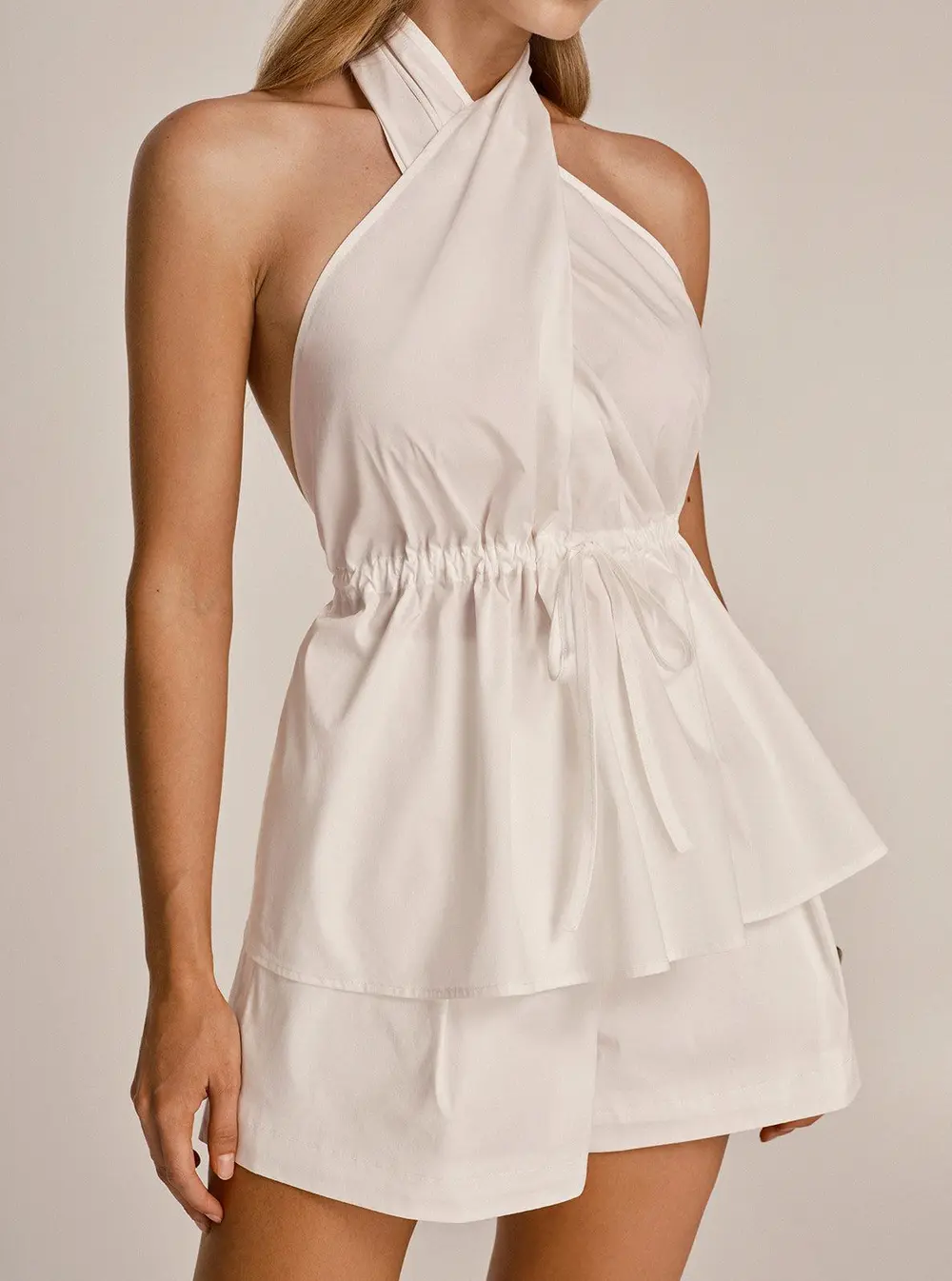 Cotton Blend Halter Peplum Top & Shorts Set