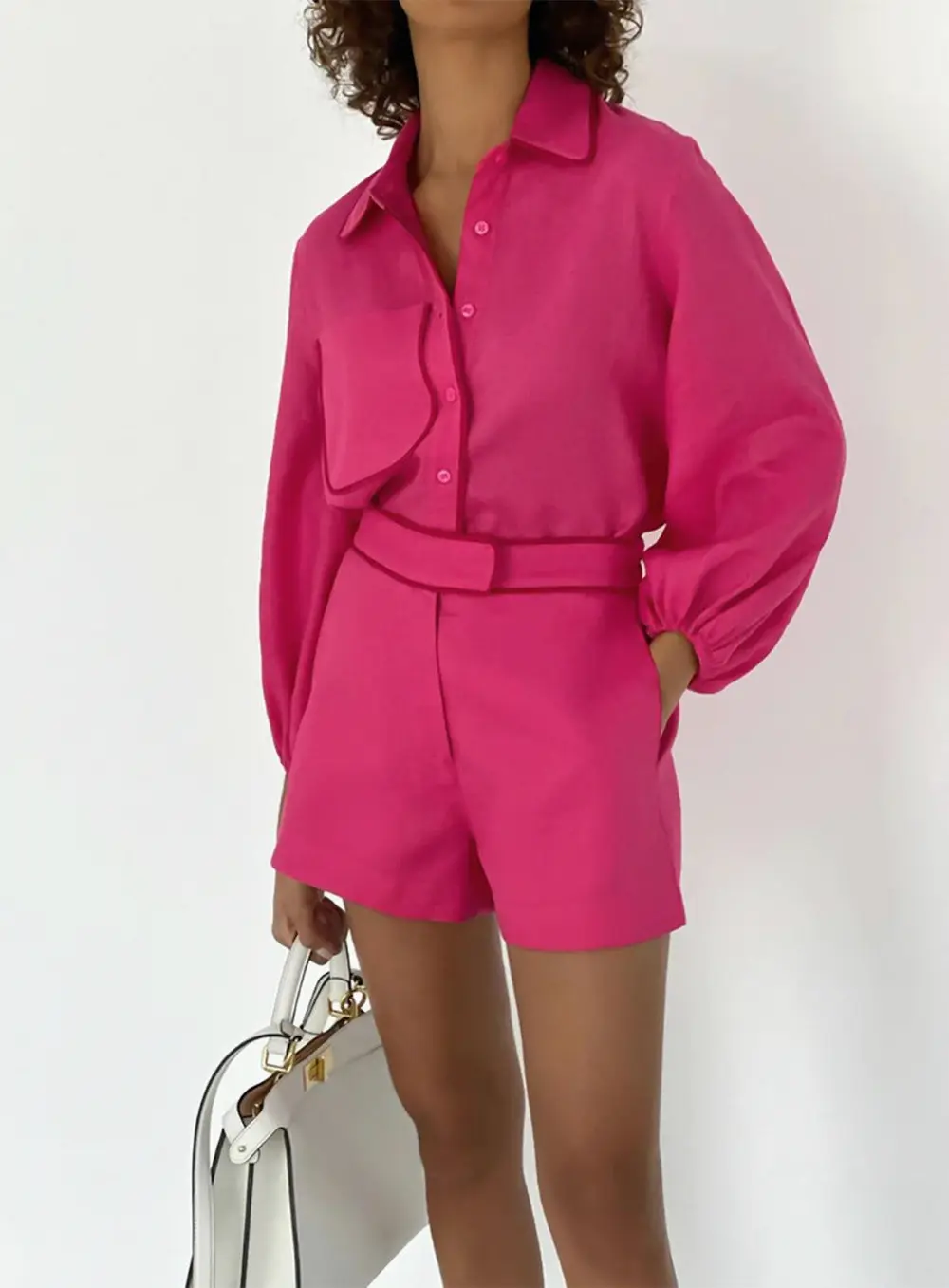 Cotton & Linen Contrast Trim Two Piece Shorts Set