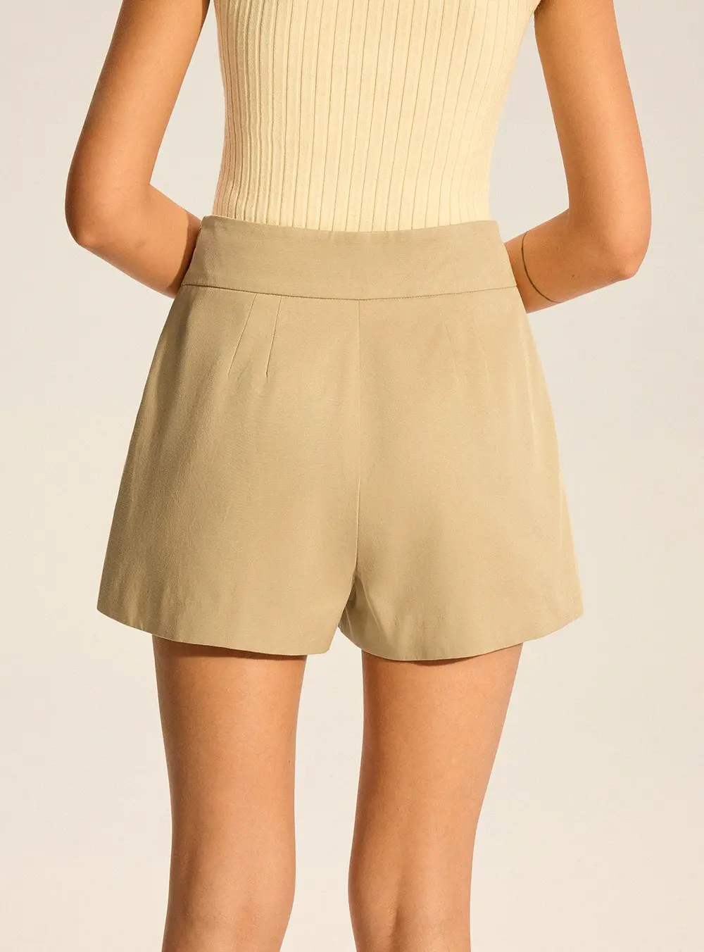 Cotton Blend Mid-Waist Pleated Shorts