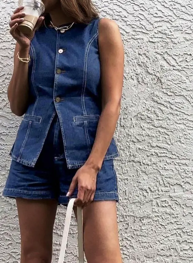 Denim Peplum Vest With Shorts Set