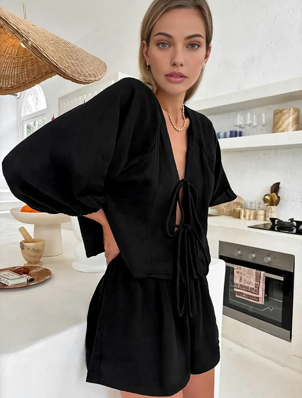 Cotton Tie-Front Long Sleeve Shorts Set