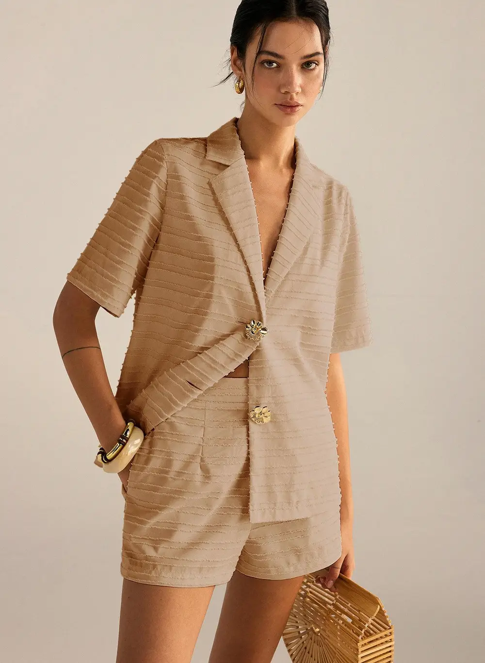 Textured Short-Sleeve Blazer and Shorts Set