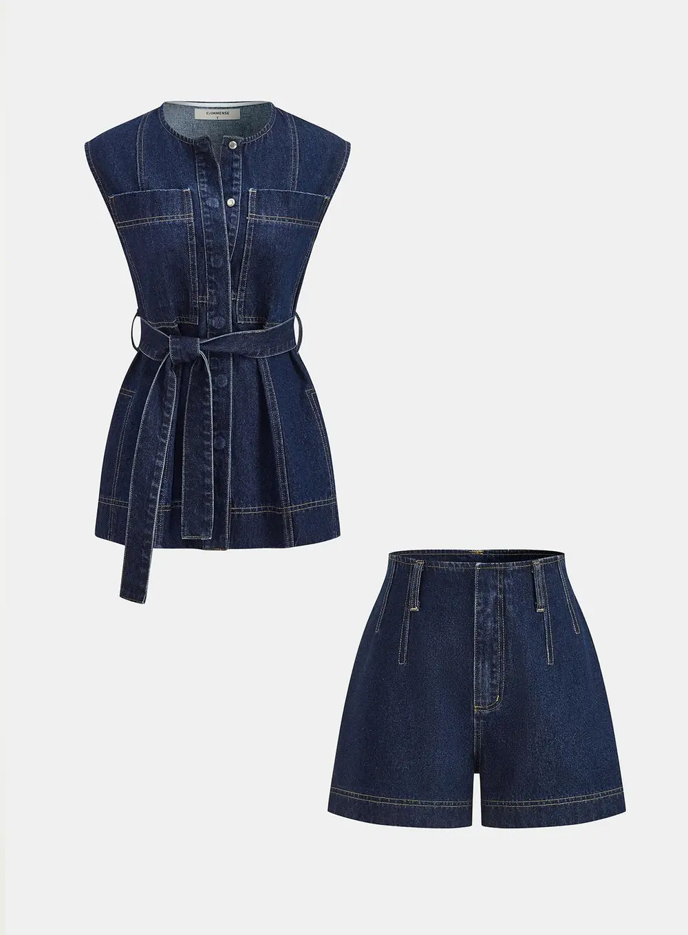 Belted Denim Sleeveless Vest & Shorts Set