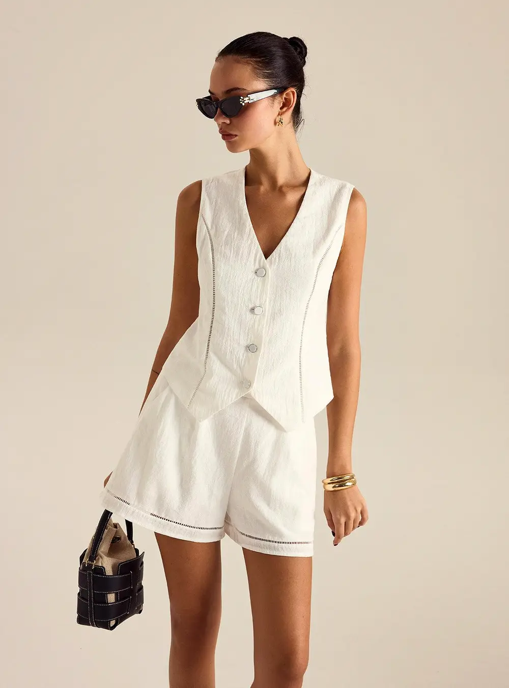 Cotton Button Detail Vest Top With Pockets Shorts Set