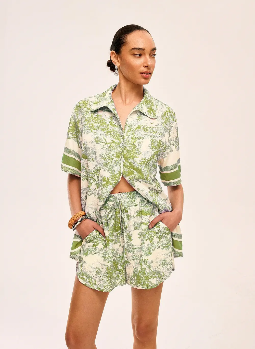 Printed Contrast Trim Shorts Set