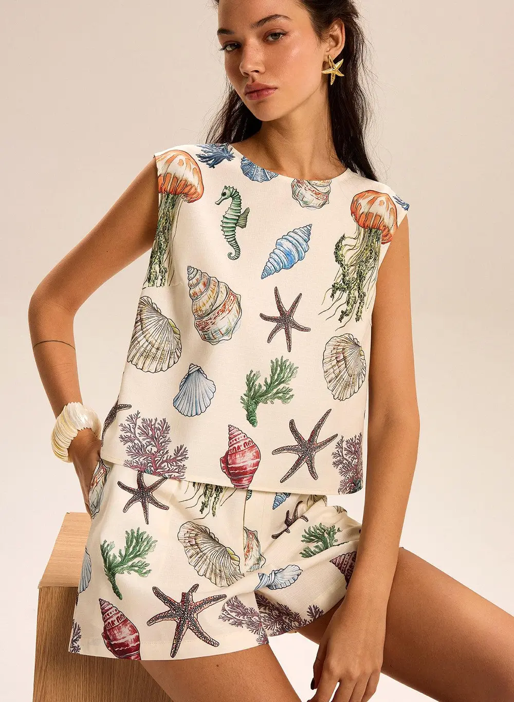 Seashell Print Sleeveless Top and Shorts Set